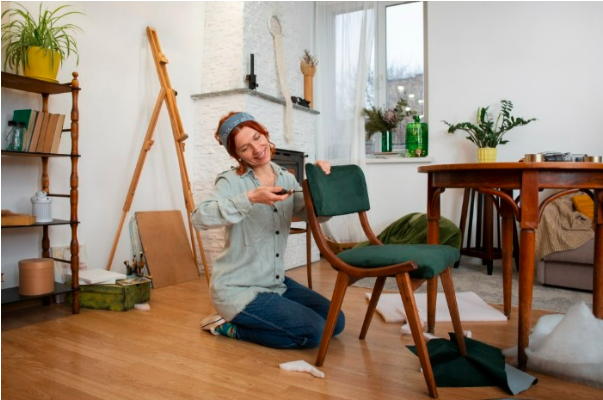 Amenajarea garsonierei - fata, scaun verde, fereastra - led-zone.ro