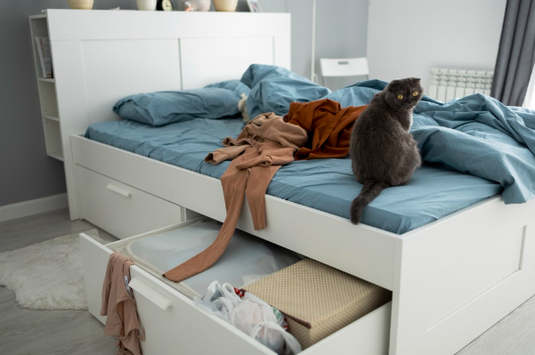 Amenajare garsoniera - pat dezordonat, pisica, haine - led-zone.ro