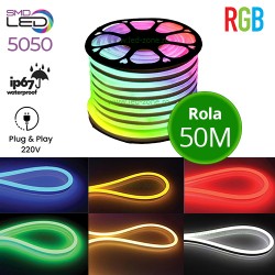 Furtun LED Neon Flex Slim 220V RGB Rola 50m