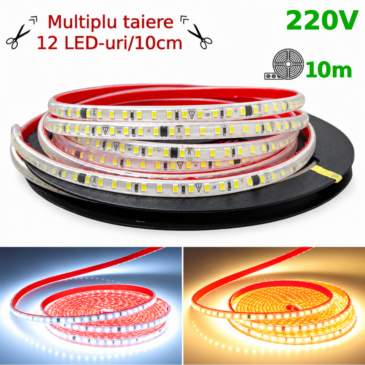 Banda LED 2835 120 SMD/ML 220V Lupa Autoadeziva Taiere 10cm Rola 10m