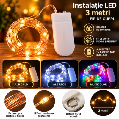 Instalatie Pom 30 Miniled-uri 1 Fir Cupru 3m cu Baterii AG13