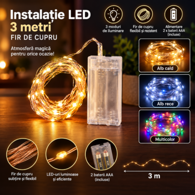 Instalatie LED 30 Miniled-uri 1 Fir Cupru 3m cu Baterii AAA