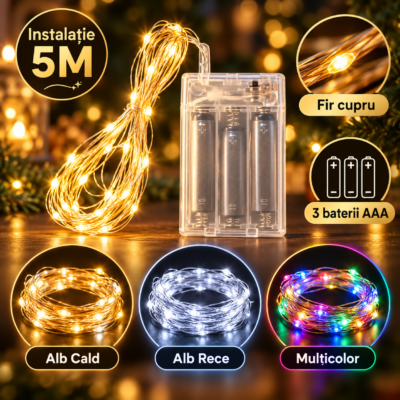 Instalatie LED 50 Miniled-uri 1 Fir Cupru 5m cu Baterii