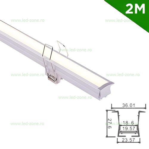 Profil Aluminiu Incastrat Dispersor Mat 2M 19MM cu Cleme de Montaj Profil Aluminiu Incastrat Dispersor Mat 2M 19MM cu Cleme de Montaj - imagine 1