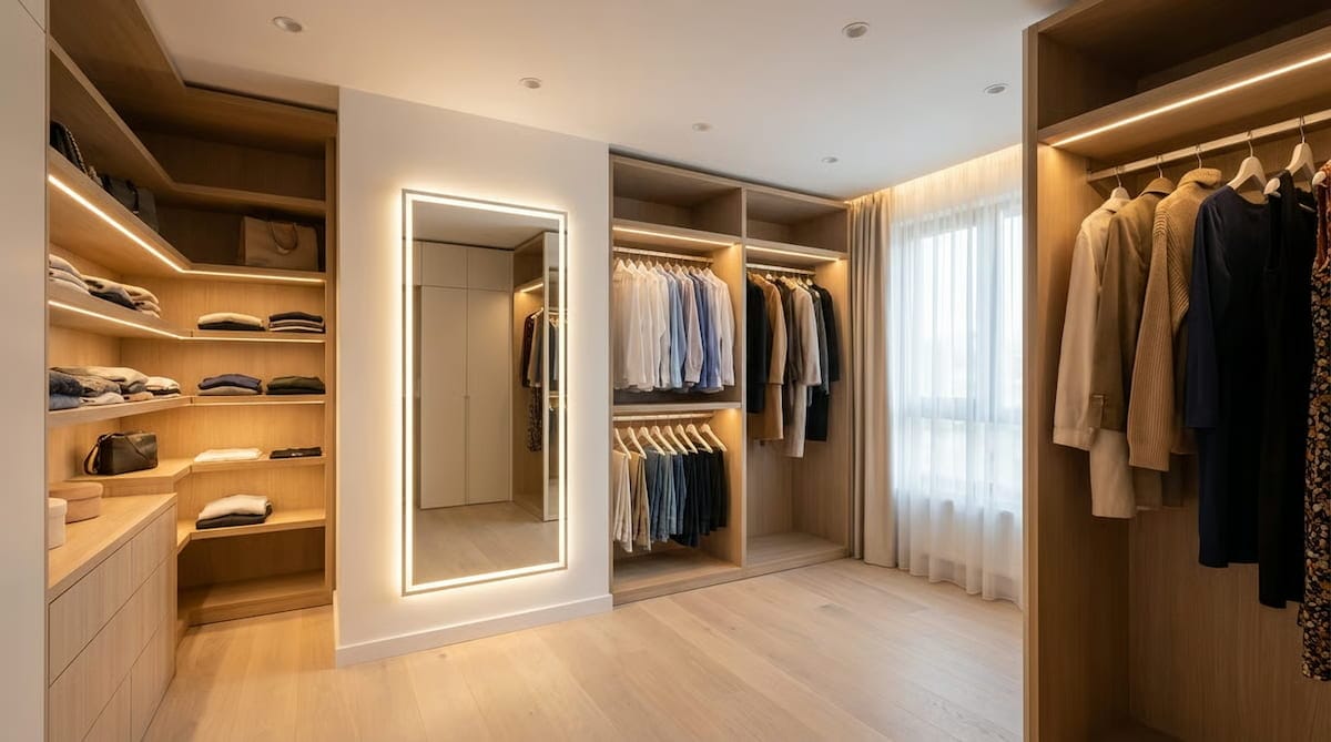 Idei de iluminat în dressing: corpuri de iluminat, baghete și benzi LED alături de alte soluții potrivite 1 un dressing iluminat cu benzi led si spoturi led intr-un stil modern