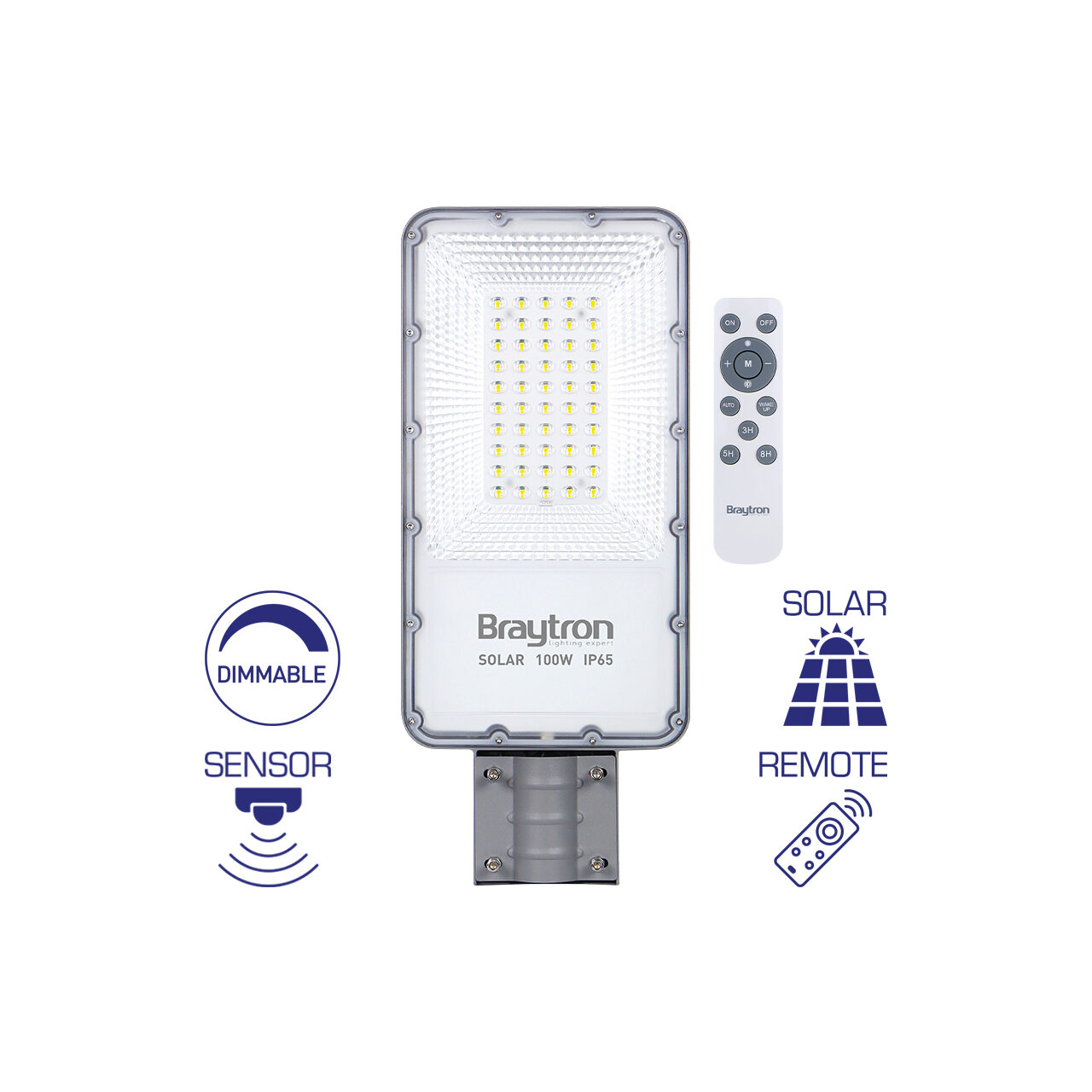 LAMPA STRADALA CU LED ST02, SOLAR+SENZOR+TELECOMND, DIM, P:100W, C:50W 6500K IP65