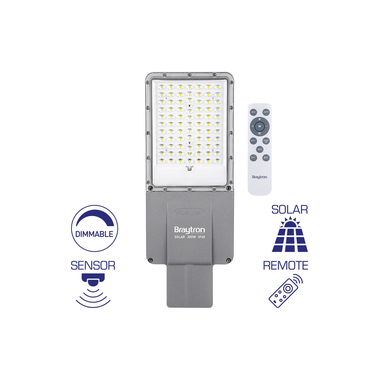 LAMPA STRADALA CU LED ST02, SOLAR+SENZOR+TELECOMND, DIM, P:300W, C:150W, 6500K IP65