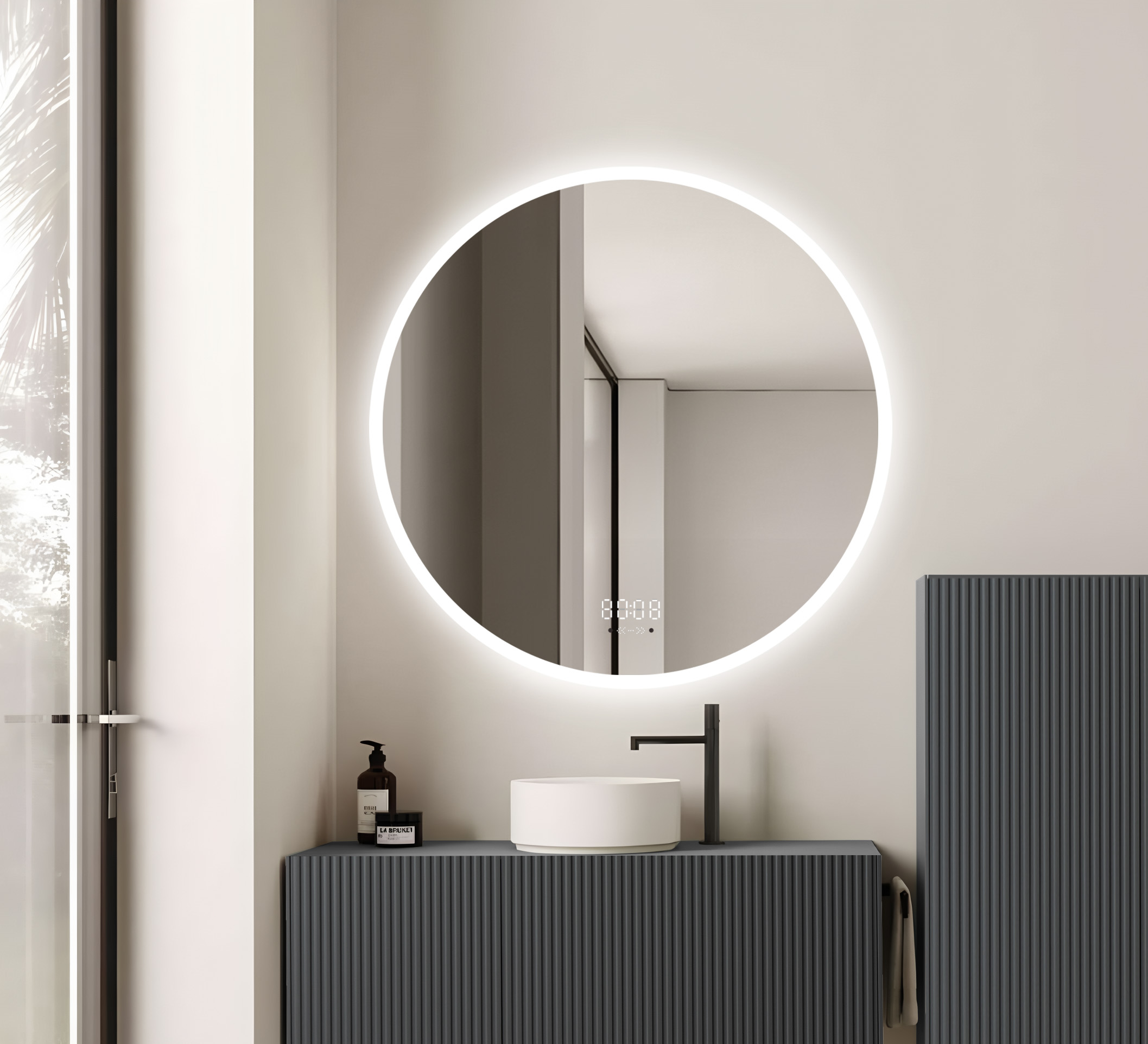Oglindă LED Rotundă Premium 80×80 cm, Lumină Spate, 3 Tipuri de Lumină - Calda, Rece, Neutra