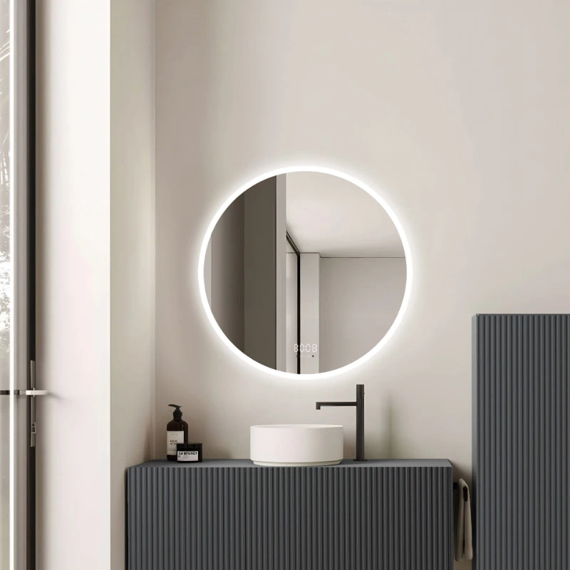 Oglinda LED Rotunda, 60x60 cm, Senzor Integrat Schimbare Lumina, Sistem Dezaburire, Ceas & Termometru, 3 Tipuri de Lumina, Dimabila
