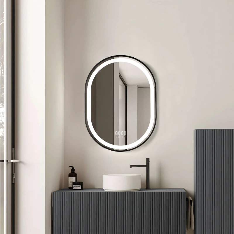 Oglinda LED Premium 50x90 cm cu Rama Neagra, Senzor de Miscare Integrat, Touch, Sistem Dezaburire, Ceas, Temperatura, 3 Tipuri de Lumina Dimabile