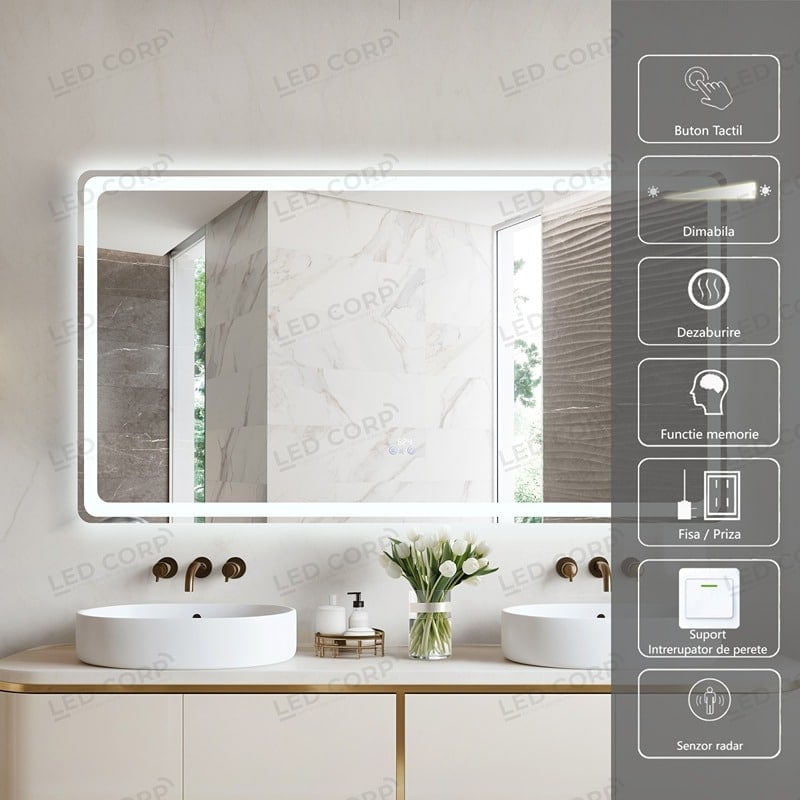 Oglinda Baie LED Smart 150x80 cm, Senzor Miscare, Dezaburire, Ceas si Temperatura, 3 Tipuri de Lumina, Dimabila 3 Oglinda Baie LED Smart 150x80 cm, Senzor Miscare, Dezaburire, Ceas si Temperatura, 3 Tipuri de Lumina, Dimabila - imagine 3