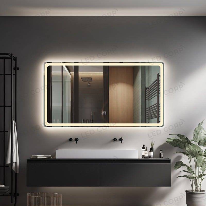 Oglinda Baie LED Smart 150x80 cm, Senzor Miscare, Dezaburire, Ceas si Temperatura, 3 Tipuri de Lumina, Dimabila