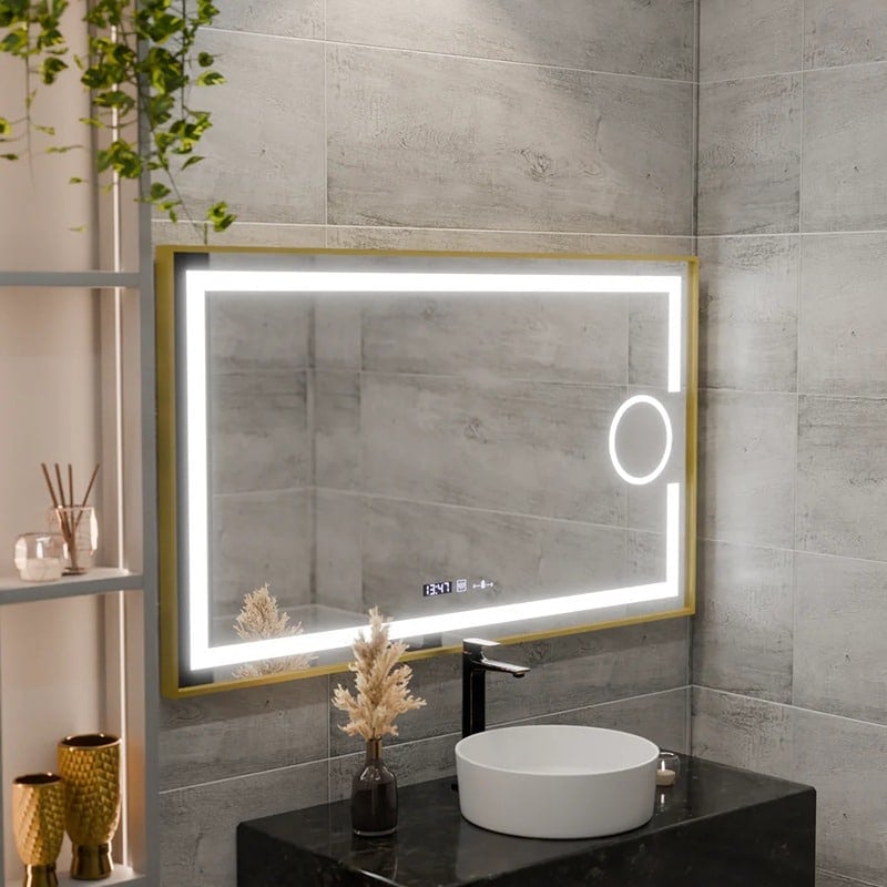 Oglindă LED 110×65 cm, Premium, Ramă Aurie, Senzor, Lupă Cosmetica, Dezaburire, Ceas & Termometru, Dimabilă, IP44