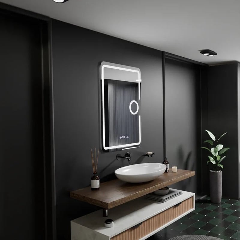 Oglinda LED 50x70 cm cu Senzor Premium, cu functie Dezaburire, Ceas si Lupă Cosmetică