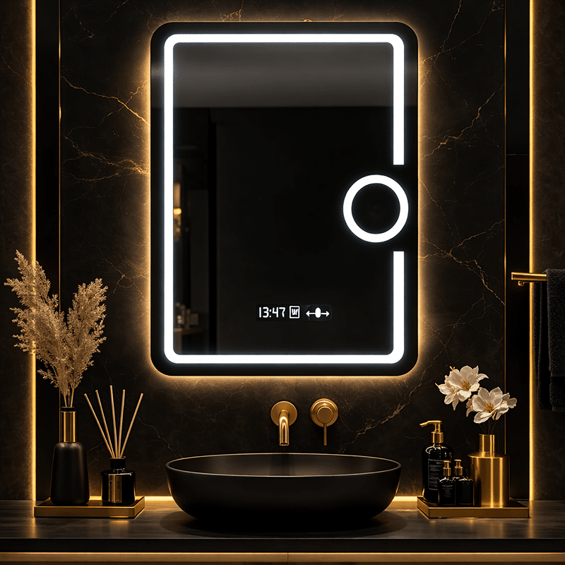 Oglinda LED 60x80 cm cu Lupa Cosmetica, Senzor Miscare Premium - 3 Tipuri de Lumina, Dimabila, Ceas & Temperatura, Dezaburire