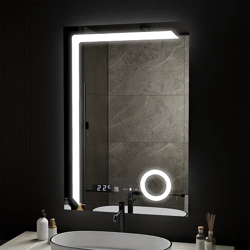 Oglinda LED Moderna 60x80cm, Sistem Dezaburire, Ceas & Termometru, Lupa Cosmetica, 3 Tipuri de Lumina, Dimabila