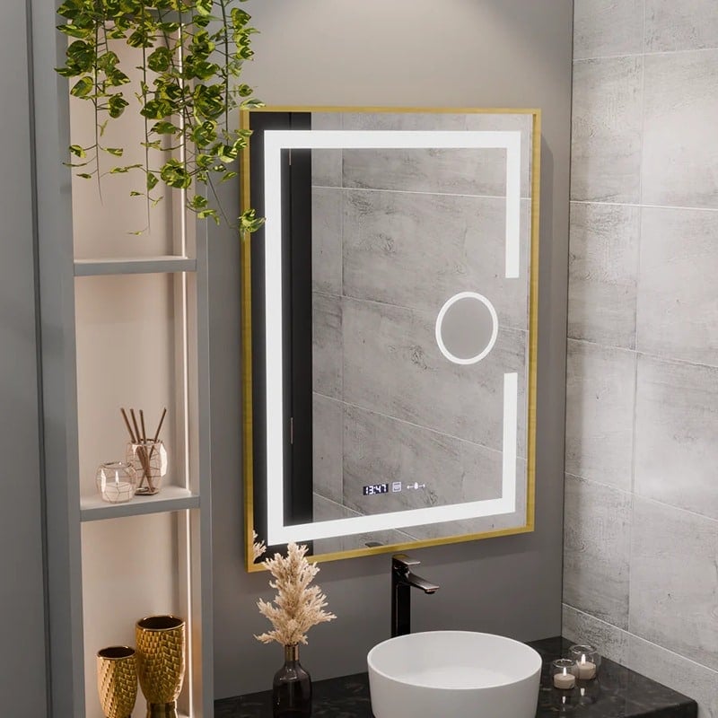 Oglindă LED 60×80 cm, Premium, Ramă Aurie, Senzor, Lupă Cosmetica, Dezaburire, Ceas & Termometru, Dimabilă, IP44