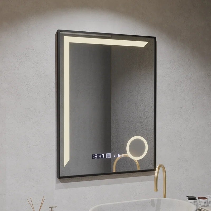 Oglindă LED 60×80 cm, Premium, Ramă Neagră, Senzor, Lupă Cosmetica, Dezaburire, Ceas & Termometru, Dimabilă, IP44