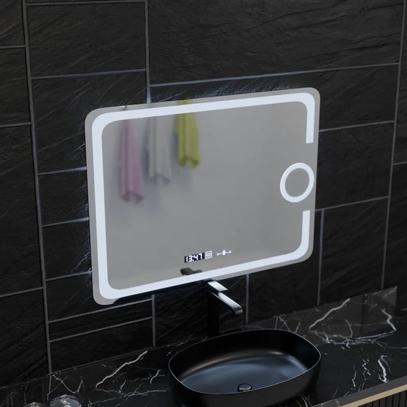 Oglinda LED 80x60 cm, Senzor Premium, Dezaburire, Ceas si Temperatură, Lumina Rece/Calda/Neutra Dimabila, Lupa Cosmetica