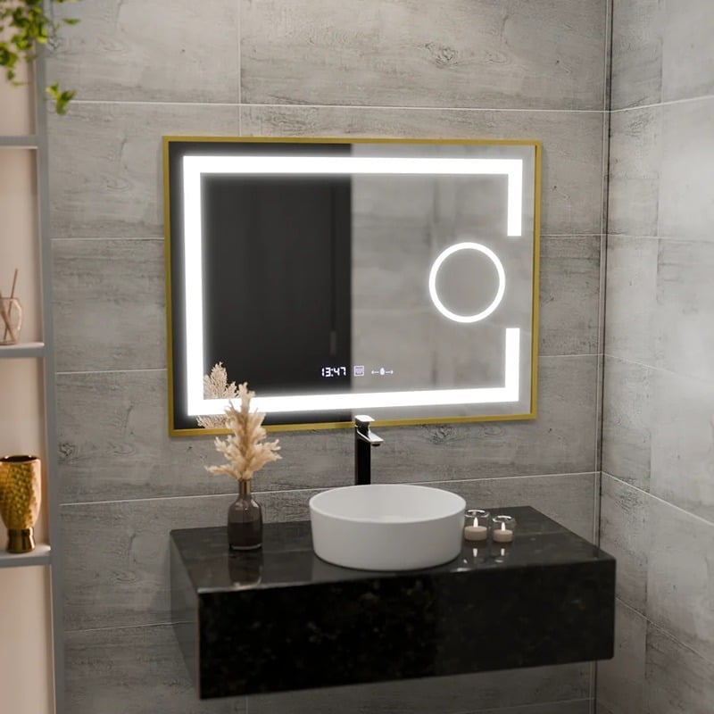 Oglindă LED 80×60 cm, Premium, Ramă Aurie, Senzor, Lupă Cosmetica, Dezaburire, Ceas & Termometru, Dimabilă, IP44