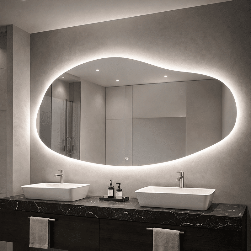 Oglinda LED Asimetrica Premium 140×90cm, Touch, 3 Tipuri Lumină - Calda, Rece, Naturala