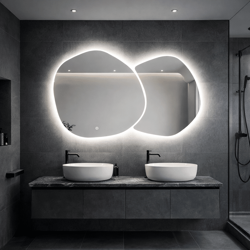 Oglindă LED Dubla, Asimetrica Premium 140×80 cm, Touch, 3 Tipuri Lumină - Calda, Rece, Naturala