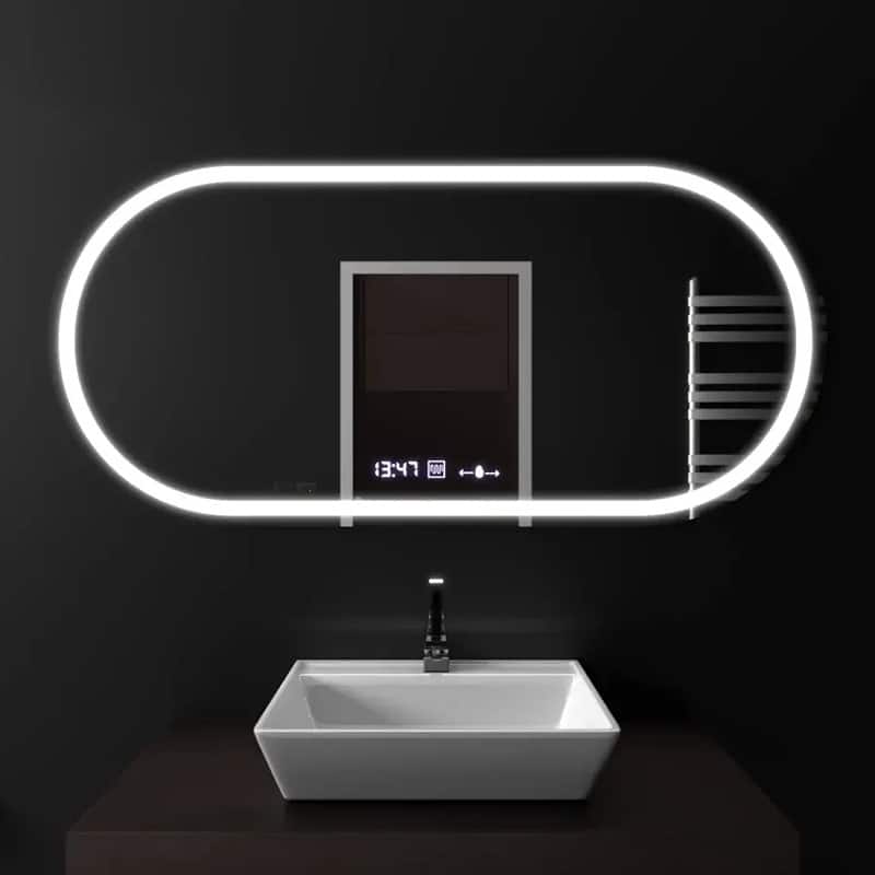Oglindă LED Ovală 80x50cm, Senzor Premium, Sistem Dezaburire, Ceas & Termometru, Dimabilă, IP44