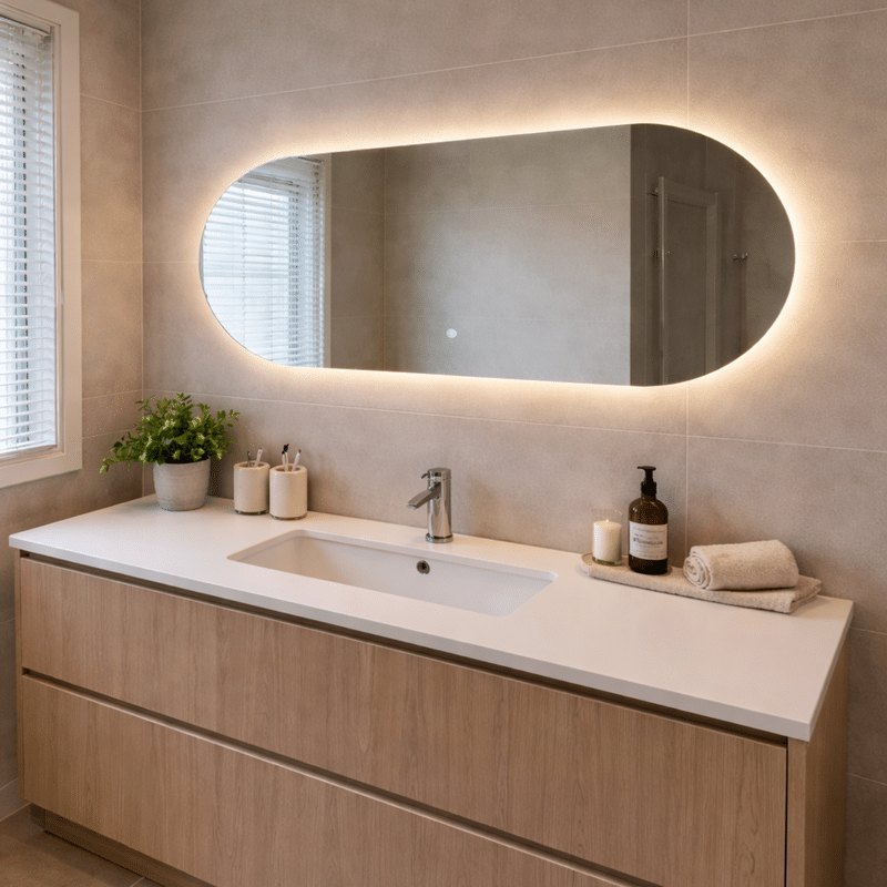 Oglindă LED Ovala Premium 120×60 cm, Lumină Spate, 3 Tipuri de Lumină - Calda, Rece, Neutra