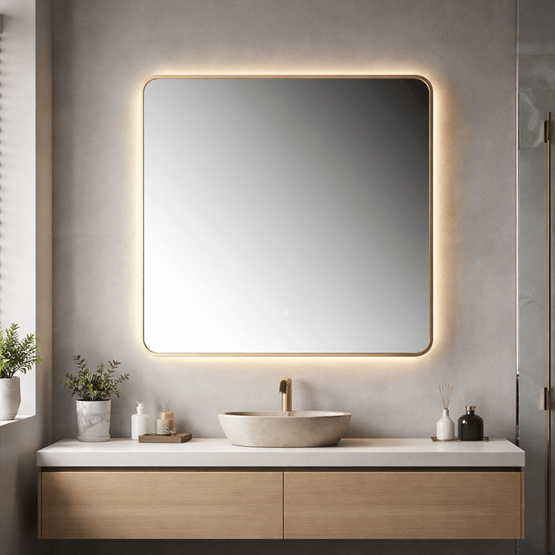 Oglindă LED Patrata Premium 80×80 cm, Rama Auriu, 3 Tipuri de Lumină - Calda, Rece, Neutra