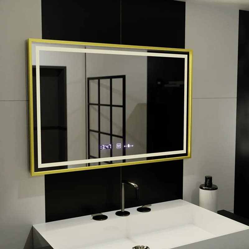 Oglindă LED Rectangulară 120x80cm, Senzor Premium, Ramă Aurie, Sistem Dezaburire, Ceas & Termometru, Dimabilă, IP44