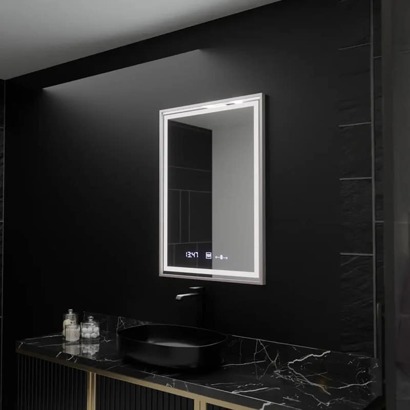 Oglindă LED 60x80cm, Senzor Premium, Sistem Dezaburire, Ceas & Termometru, Dimabilă, IP44, Rama Argintie