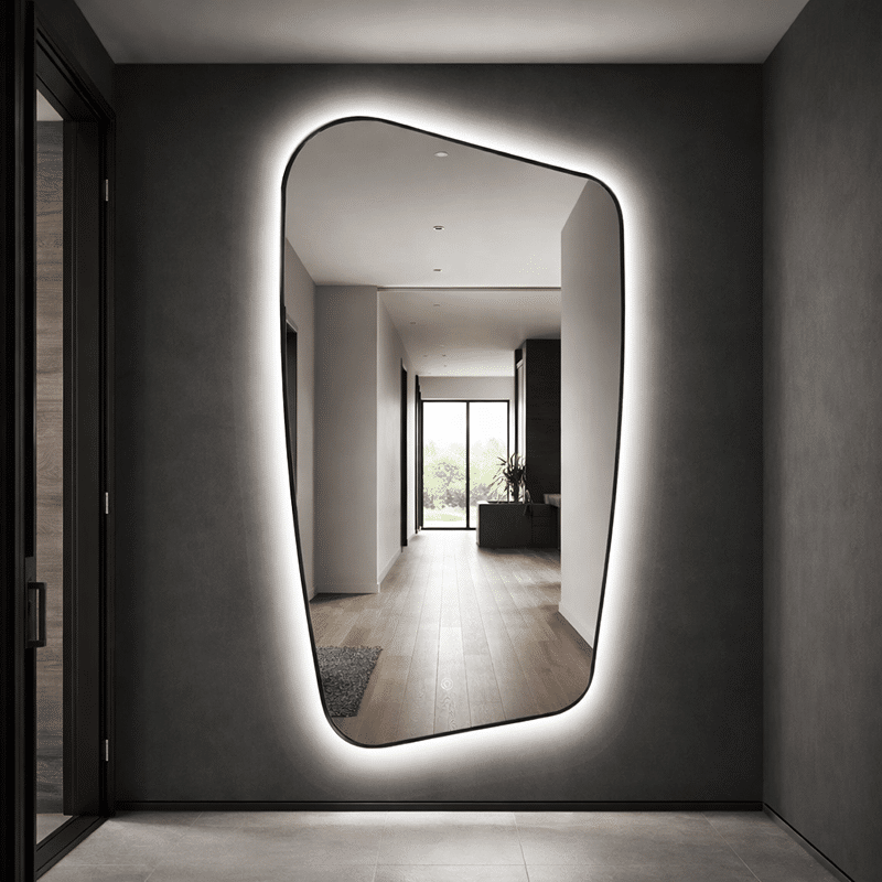 Oglindă LED pentru Dressing, Hol, Baie, Asimetrica Premium 110×70 cm, cu Rama Neagra, Touch, 3 Tipuri Lumină - Calda, Rece, Naturala