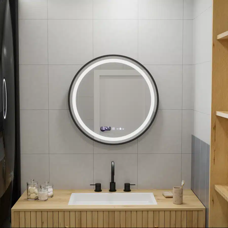 Oglinda LED Premium 60X60 cm, Ramă Nagră, Senzor Miscare, Sistem Dezaburire, Ceas, Temperatură