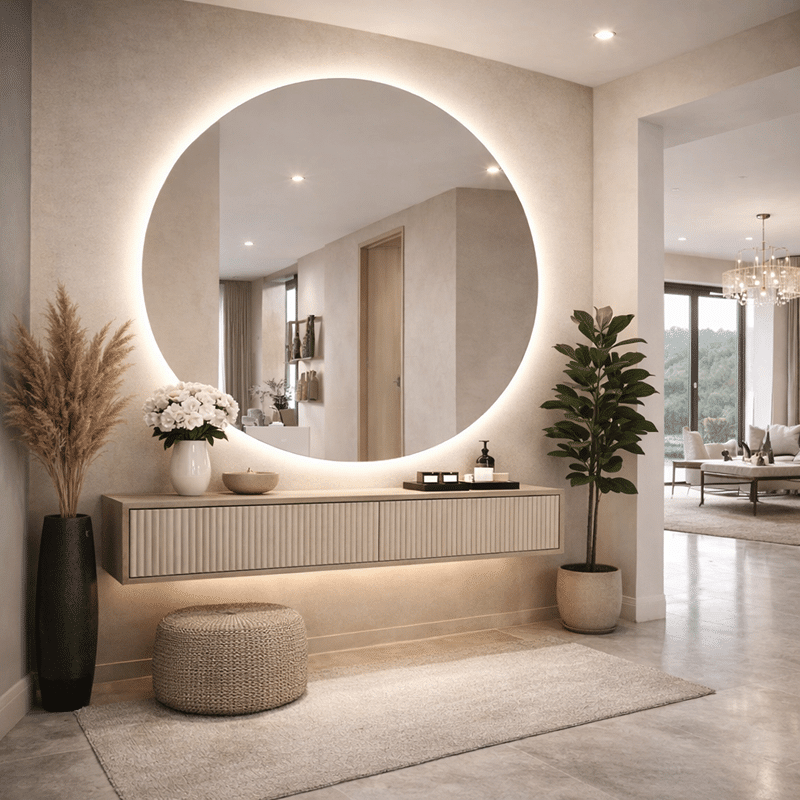 Oglindă LED Rotundă Premium 100×100 cm, Lumină Spate, 3 Tipuri de Lumină - Calda, Rece, Neutra