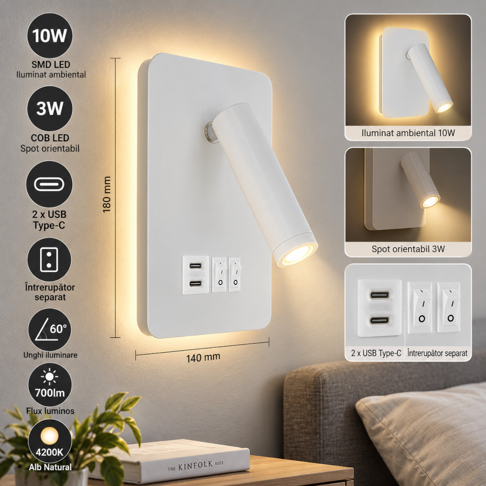 aplica-led-13w-cu-spot-reglabil-2x-usb-intrerupator-alba-1 Aplica LED 13W cu Spot Reglabil, 2xUSB si Intrerupator, Alba - imagine 1