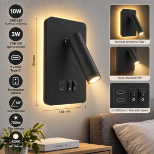aplica led 13w cu spot reglabil 2xusb si intrerupator neagra 2