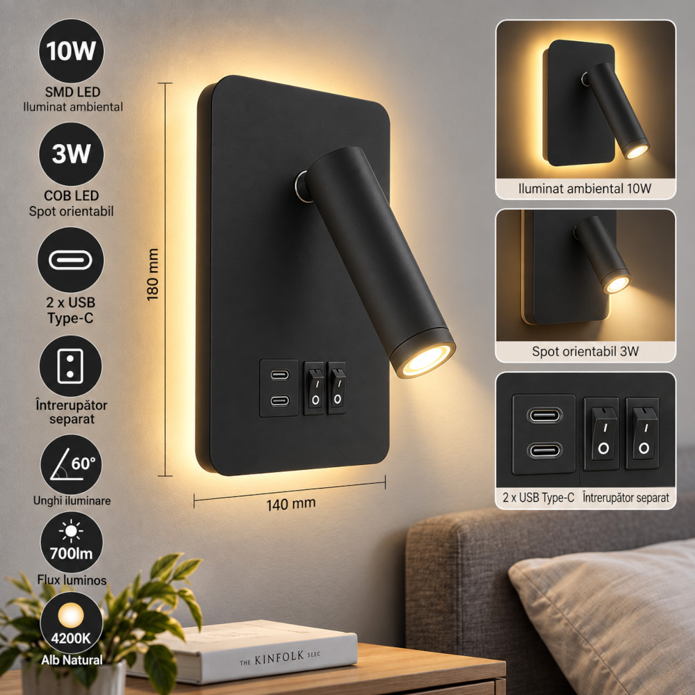 aplica-led-13w-cu-spot-reglabil-2xusb-si-intrerupator-neagra-2 Aplica LED 13W cu Spot Reglabil, 2xUSB si Intrerupator, Neagra - imagine 1