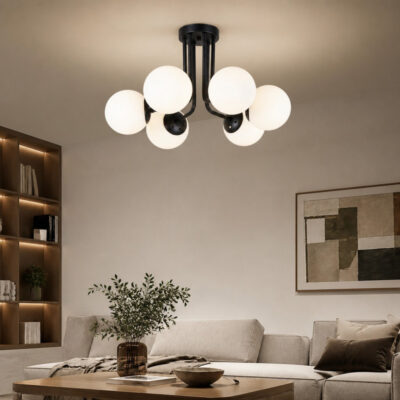 Lustra 6 Socluri si Abajur E27 Neagra Vega