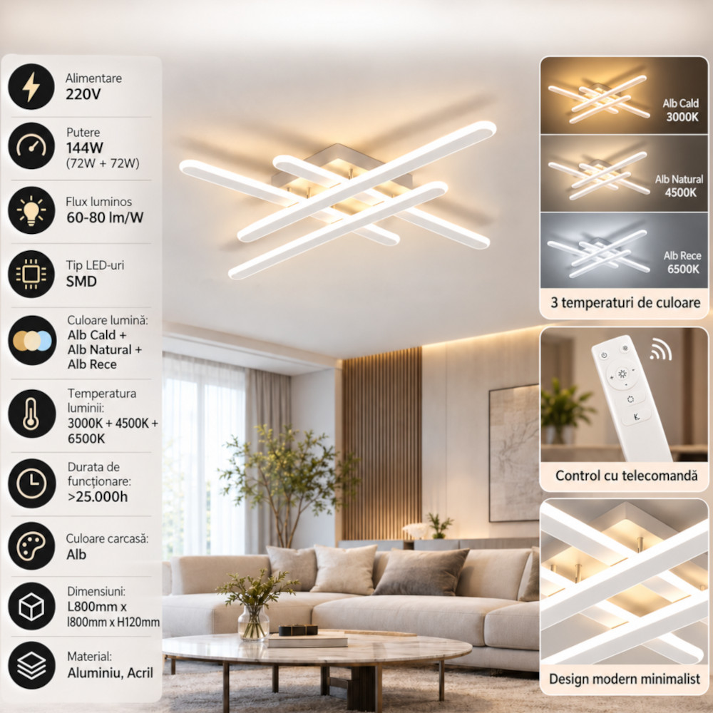 Lustra LED 144W Alba 3 Functii cu Telecomanda LZ112-4 1 Lustra LED 144W Alba 3 Functii cu Telecomanda LZ112-4