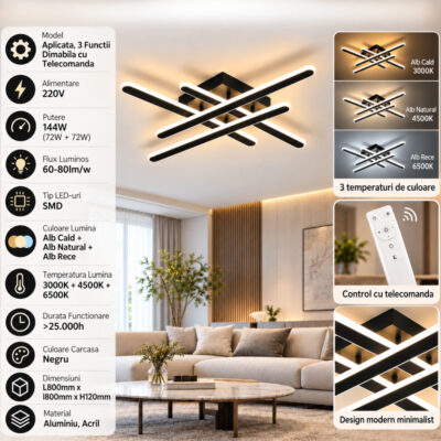 Lustra LED 144W Negru 3 Functii cu Telecomanda LZ112-4
