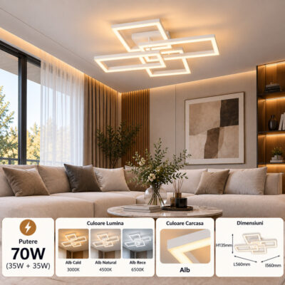 Lustra LED 70W Alba 3 Functii cu Telecomanda LZ279-2+2
