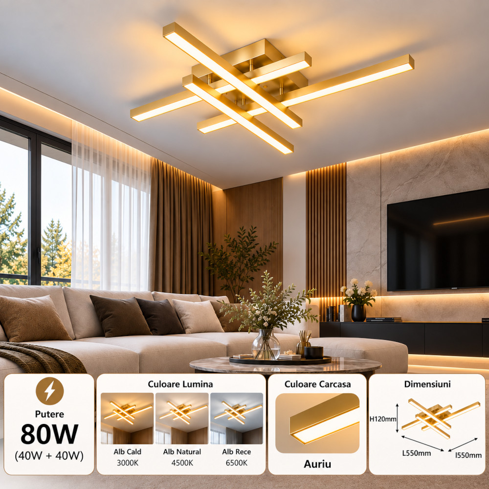 Lustra LED 80W Aurie 3 Functii cu Telecomanda LZ101 1 Lustra LED 80W Aurie 3 Functii cu Telecomanda LZ101