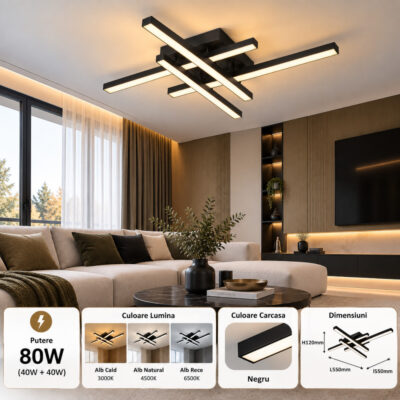 Lustra LED 80W Neagra 3 Functii cu Telecomanda LZ101