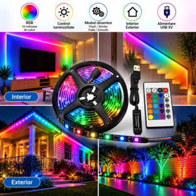 Kit Banda LED 2835 RGB 5V USB Telecomanda Rola 5m