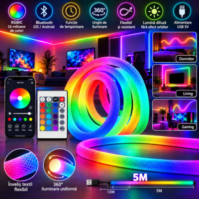 Kit Neonflex LED Textil RGB Digital 5V Rola 5M Telecomanda LZ9633