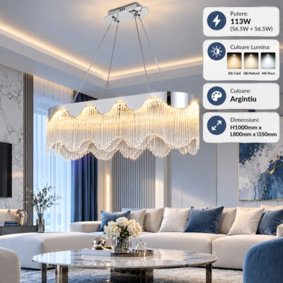 Lustra LED 113W Crom 3 Functii Cristal LZ8022-800x350