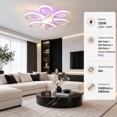 Lustra LED 130W Alba 3 Functii RGB cu Telecomanda LZ480