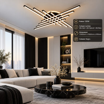 Lustra LED 130W Neagra 3 Functii cu Telecomanda LZ071-8+1
