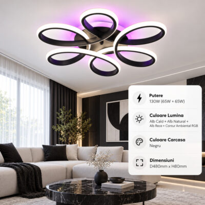 Lustra LED 130W Negru 3 Functii RGB cu Telecomanda LZ480