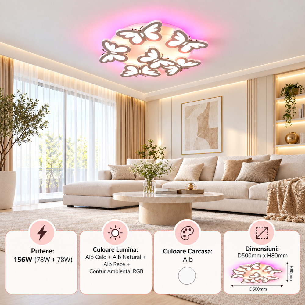 Lustra LED 156W Alba 3 Functii RGB cu Telecomanda LZ157-6 1 Lustra LED 156W Alba 3 Functii RGB cu Telecomanda LZ157-6
